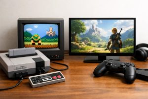Cena de entretenimento que contrasta nostalgia nos games, com um console retrô conectado a uma TV antiga exibindo gráficos pixelados ao lado de um videogame moderno com controle atual e tela em alta definição, representando como remakes unem gerações e conquistam novos públicos.