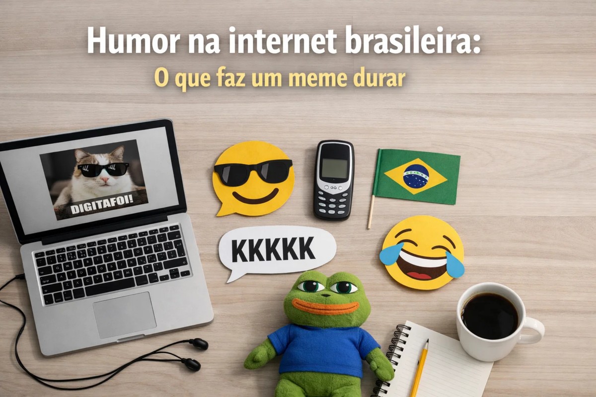 Cena criativa sobre humor na internet brasileira, com laptop exibindo meme de gato, emojis sorridentes e de risada, boneco do Pepe, celular antigo, bandeira do Brasil, caderno, café e objetos de mesa, representando o entretenimento digital e os elementos que fazem um meme durar nas redes sociais.