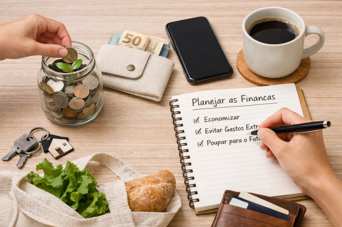Cena cotidiana de educação financeira na atualidade, mostrando uma pessoa planejando as finanças do dia a dia ao anotar metas como economizar e poupar em um caderno, ao lado de um cofre com moedas, carteira com dinheiro, smartphone, café e alimentos, representando hábitos financeiros conscientes que ganham força entre brasileiros na atualidade.