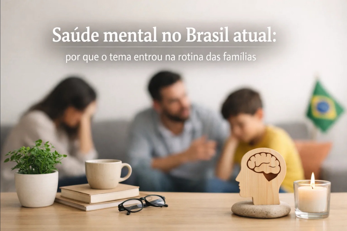 Imagem sobre saúde mental na atualidade mostrando uma mesa em primeiro plano com uma xícara de café sobre livros, um par de óculos, uma vela acesa e um objeto decorativo em formato de cabeça com desenho de cérebro. Ao fundo, desfocados, estão um homem, uma mulher e uma criança em um ambiente familiar, sugerindo preocupação ou conversa séria. No canto direito aparece uma bandeira do Brasil. No topo da imagem há o texto “Saúde mental no Brasil atual: por que o tema entrou na rotina das famílias”, reforçando o debate sobre saúde mental na atualidade brasileira.