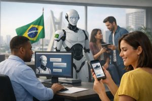 Cena corporativa no Brasil em 2026 mostrando a atualidade da inteligência artificial no ambiente de trabalho, com um robô humanoide interagindo com profissionais em um escritório moderno, enquanto pessoas utilizam computadores e smartphones para consumo digital, simbolizando como a IA transforma relações de trabalho, hábitos de consumo e a atualidade tecnológica no país.