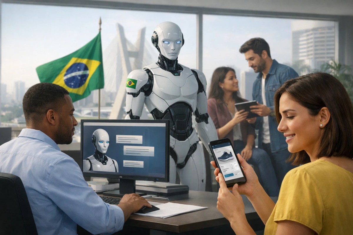 Cena corporativa no Brasil em 2026 mostrando a atualidade da inteligência artificial no ambiente de trabalho, com um robô humanoide interagindo com profissionais em um escritório moderno, enquanto pessoas utilizam computadores e smartphones para consumo digital, simbolizando como a IA transforma relações de trabalho, hábitos de consumo e a atualidade tecnológica no país.