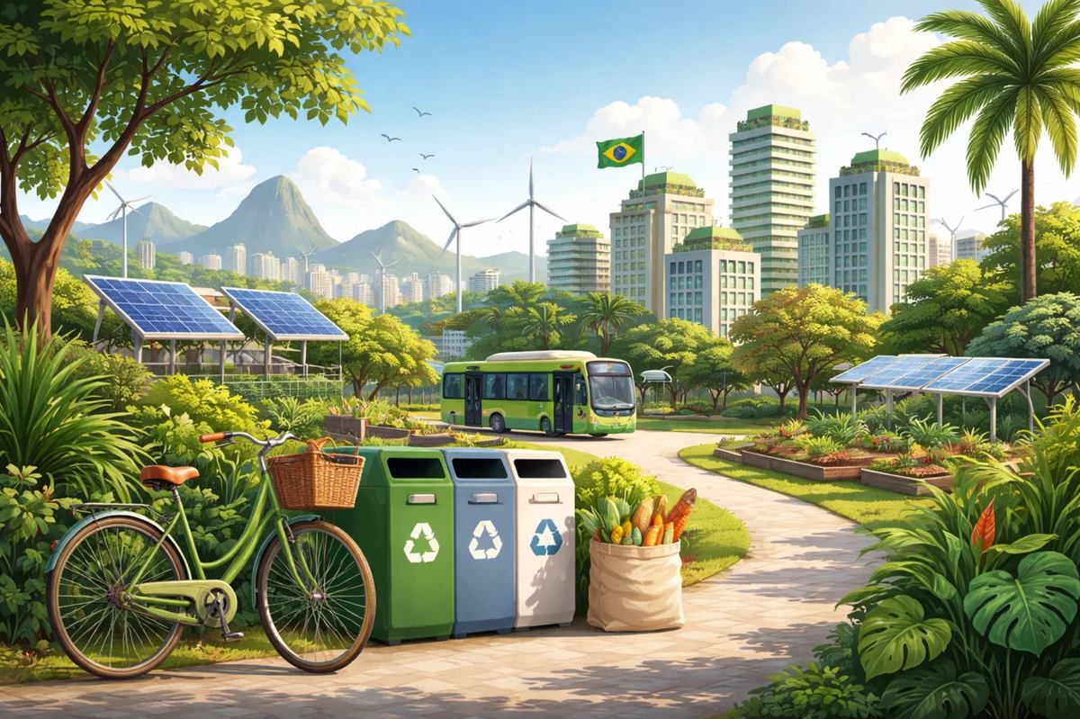 Ilustração de sustentabilidade urbana no Brasil mostrando escolhas simples que impactam cidades. Em um parque urbano arborizado, há lixeiras de reciclagem, uma bicicleta apoiada ao lado e uma sacola com alimentos frescos, simbolizando consumo consciente e mobilidade sustentável. Ao fundo, painéis solares, turbinas eólicas e um ônibus elétrico circulam diante de prédios com áreas verdes e a bandeira do Brasil, representando inovação ambiental nas metrópoles. A cena transmite a ideia de que pequenas atitudes do dia a dia — inclusive ligadas a lazer e entretenimento ao ar livre — contribuem para a construção de cidades mais sustentáveis e equilibradas.
