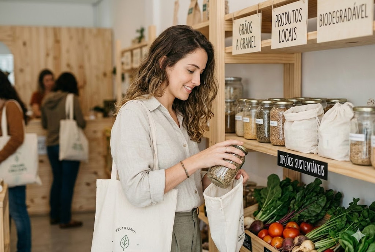 Mulher escolhendo produtos em uma loja de alimentos naturais e sustentáveis, colocando grãos a granel em uma sacola reutilizável enquanto observa prateleiras com potes de vidro e vegetais frescos. Placas indicam opções sustentáveis, produtos locais e itens biodegradáveis, reforçando a ideia de consumo consciente em alta e os fatores que motivam novas decisões de compra. A cena transmite um estilo de vida mais responsável e também ligado ao entretenimento cotidiano de explorar lojas sustentáveis e descobrir alternativas mais ecológicas para o consumo diário.
