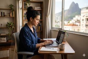 Mulher trabalhando em um laptop em um escritório doméstico bem iluminado, sentada diante de uma mesa de madeira com um caderno e uma xícara de café, enquanto uma grande janela revela uma paisagem urbana brasileira com montanhas ao fundo. O ambiente organizado, com estantes, plantas e luz natural, representa a rotina do trabalho remoto no Brasil e os ajustes culturais que ainda estão em curso, equilibrando produtividade, vida pessoal e momentos de entretenimento no dia a dia dentro de casa.