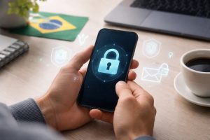 Pessoa segurando um smartphone com ícone de cadeado na tela, representando segurança digital, sobre uma mesa com notebook, café e bandeira do Brasil ao fundo; conceito de entretenimento e privacidade digital no Brasil, questionando até onde vão os limites do usuário comum diante da proteção de dados e do uso de tecnologias no dia a dia.