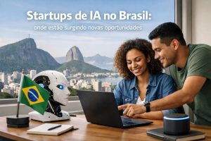 Cena moderna que representa o crescimento de startups de tecnologia no Brasil, com vista panorâmica do Rio de Janeiro ao fundo, incluindo montanhas icônicas e a cidade litorânea. Em primeiro plano, um homem e uma mulher sorridentes trabalham juntos em um laptop sobre uma mesa, demonstrando colaboração e inovação. Ao lado, um robô humanoide com olhos iluminados observa a interação, simbolizando inteligência artificial e avanços em tecnologia. Sobre a mesa há também um pequeno caderno, uma caneta e um dispositivo inteligente, reforçando o ambiente de trabalho digital. Uma bandeira do Brasil posicionada próxima ao robô destaca o contexto nacional, enquanto o texto na imagem menciona startups de IA e novas oportunidades, reforçando o papel da tecnologia no desenvolvimento econômico e inovação no país.